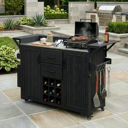 Merax 60.2''W Outdoor Kitchen Island on Wheels with Stainless Steel Top, Wood Rolling Patio Grill Cart with Storage Cabinets, Drawers, Spice Rack & Wine Rack, Outdoor Grill BBQ Prep Table, Black