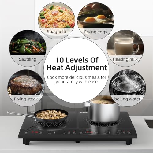 Waatfeet Double Induction Cooktop,Portable Induction Cooker with 2 Burner Independent Control,Ultrathin Body,10 Temperature,1800W-Multiple Power Levels,3 Hour Timer,Safety Lock