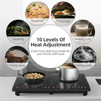 Waatfeet Double Induction Cooktop,Portable Induction Cooker with 2 Burner Independent Control,Ultrathin Body,10 Temperature,1800W-Multiple Power Levels,3 Hour Timer,Safety Lock