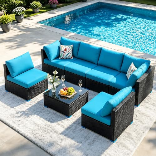 7 Piece Outdoor Sectional Patio Furniture Set with Coffee Table, Blue