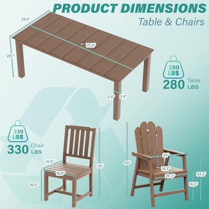 Tioline 9-Piece Patio Dining Set, Outdoor Dining Set for 8, HDPE All-Weather Outdoor Furniture with 75.20” Umbrella Hole Table, 2 Armchairs & 6 Armless Chairs, Brown