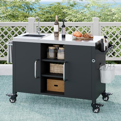 Merax Outdoor Kitchen Island with Sink, 55.5" Stainless Steel Kitchen Island with Storage, Metal Rolling Coffee Grill Bar Cart with Spice Rack Towel Rack, Black
