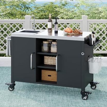 Merax Outdoor Kitchen Island with Sink, 55.5" Stainless Steel Kitchen Island with Storage, Metal Rolling Coffee Grill Bar Cart with Spice Rack Towel Rack, Black