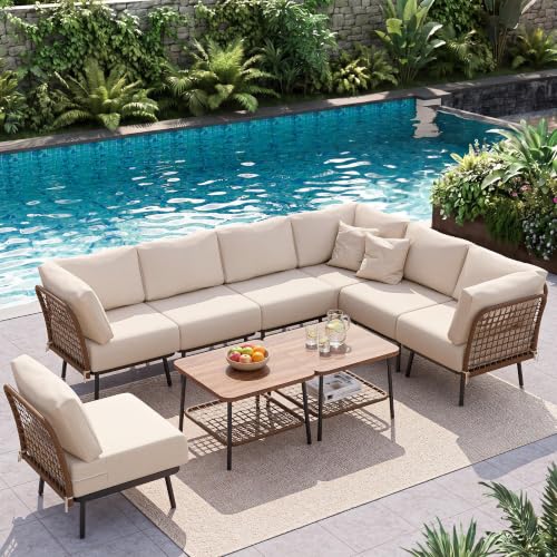 Mugovelo 9-Piece Patio Conversation Set, 7-Seat Sectional Sofa with Table