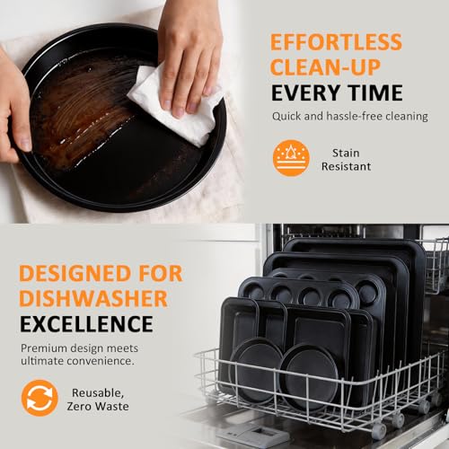 KOOMADE 10PCS Nonstick Baking Pans Set - Bakeware Sets for Cooking, Oven and Dishwasher Safe, Non Toxic, Includes Cookie Sheets for Baking, Muffin Pan, Bread Pan, Cake pan, Loaf Pan Roasting Pan Black