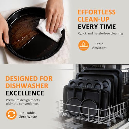 KOOMADE 10PCS Nonstick Baking Pans Set - Bakeware Sets for Cooking, Oven and Dishwasher Safe, Non Toxic, Includes Cookie Sheets for Baking, Muffin Pan, Bread Pan, Cake pan, Loaf Pan Roasting Pan Black
