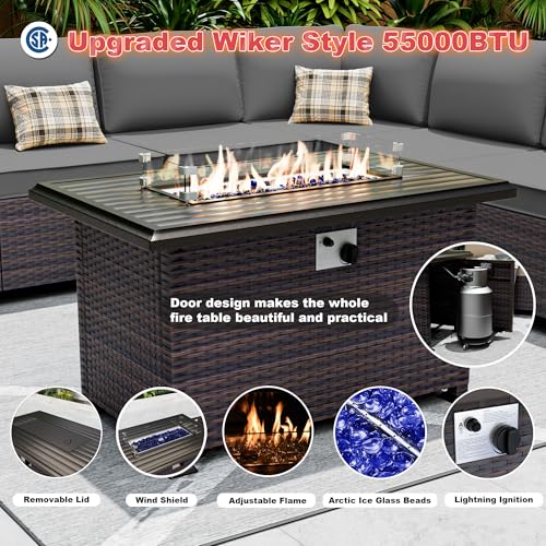 ASJMR Outdoor Patio Furniture Set with Fire Pit Table, 13 Pieces Outdoor Furniture Set Patio Sectional Sofa w/43in Propane Fire Pit, PE Wicker Rattan Patio Conversation Sets - Grey