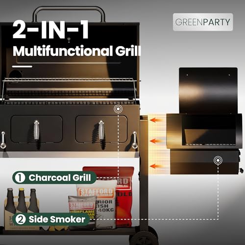30 Inch Barrel Charcoal Grill and Offset Smoker, 1015 sq. in. Cooking Area Outdoor BBQ Grill, Perfect for Outdoor Cooking Barbecue Patio Garden Backyard Party