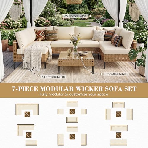 UDPATIO Patio Furniture Set, 7 Piece Modular Outdoor Furniture Set, Beige