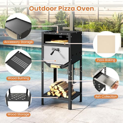 Happygrill 12” Pizza Oven Outdoor, Wood-Fired Pizza Stove with Ash Tray & Wood Storage, Pizza Stone, Pizza Peel & Oxford Cloth Cover, Multi-Fuel Pizza Maker for Patio, Backyard, Camping & BBQ