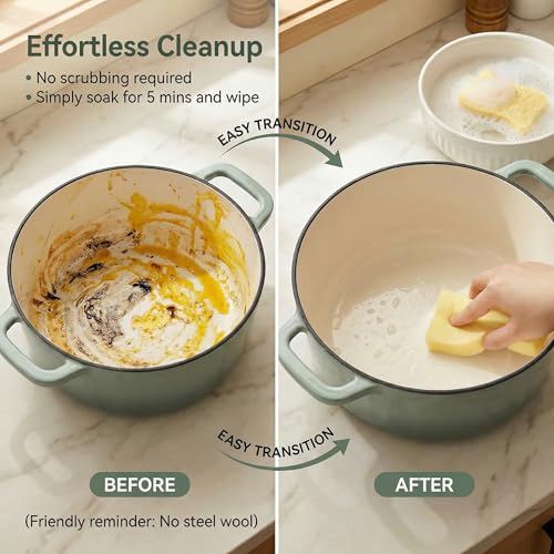 WOKINS 7QT Enamel Cast Iron Dutch Oven with Lid,Dual Handles,Versatile Heavy-Duty Non-toxic Cookware for Sourdough Bread Baking,Braising,Stews,Roasting,Oven Safe up to 500°F green