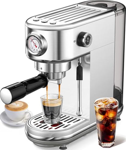 atatix Espresso Machine with Milk Frother, 20 Bar Pressure Espresso Maker, with 44OZ Removable Tank, Compact Stainless Steel Coffee Machine for Home, Office, Latte, Cappuccino, Macchiato, Silver