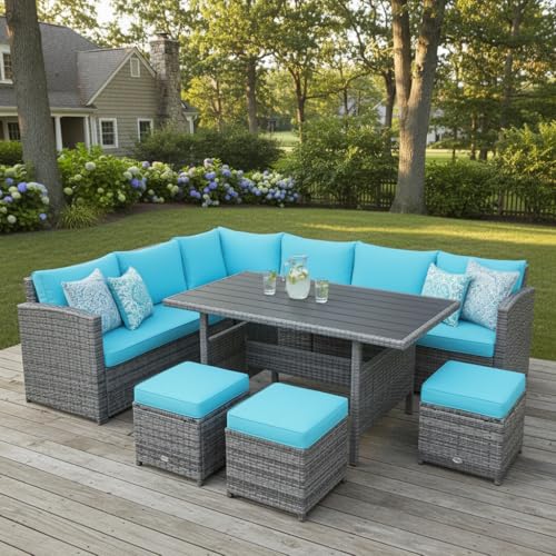 Tangkula 7 Pieces Patio Furniture Set, Outdoor Sectional Rattan Dining Sofa Set with Cushions, All Weather Wicker Conversation Couch Set with Dining Table & Ottomans for Yard Garden Poolside