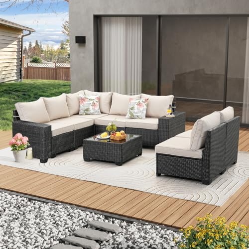 JOYURE 8 Pieces Patio Furniture Set All-Weather Outdoor Wicker Sectional Conversation Sofa Rattan Patio Seating Sofa with Cushion and Glass Table for Porch Poolside,Beige