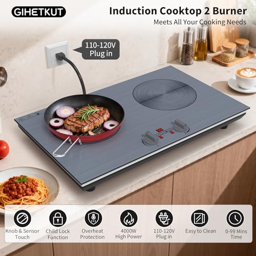 GIHETKUT 2 burner Induction cooktop,110V 4000W induction hot plate with Brushed Panel,Knob Control,9 Power Levels, Kids Lock & Timer,LED touch control 2 burner induction cooker