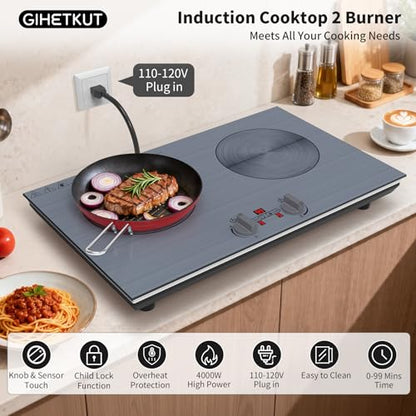 GIHETKUT 2 burner Induction cooktop,110V 4000W induction hot plate with Brushed Panel,Knob Control,9 Power Levels, Kids Lock & Timer,LED touch control 2 burner induction cooker