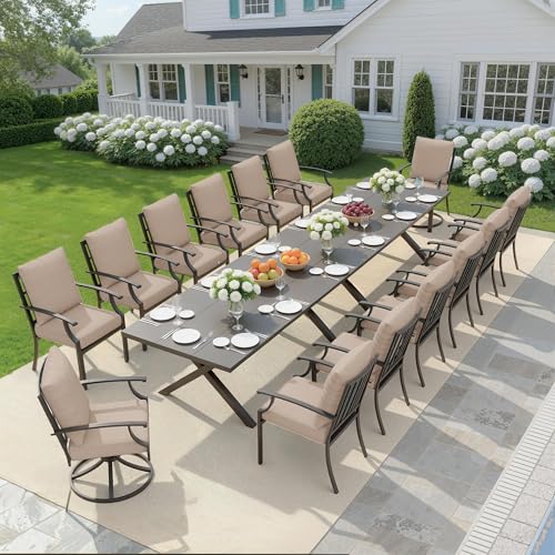 RTDTD 16 PCS Outdoor Patio Dining Set,Patio Table and Chairs Metal Outdoor Patio Furniture Set with Umbrella Hole,Dining Table Set with Swivel Chairs for Deck,Backyard and Garden,Brown