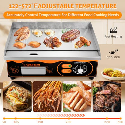 WICHEMI 22" Electric Grill Commercial Countertop Griddle Flat Top Grill Hot Plate Non-Stick Stainless Steel Teppanyaki Grill for Restaurant Kitchen, 110V 3000W