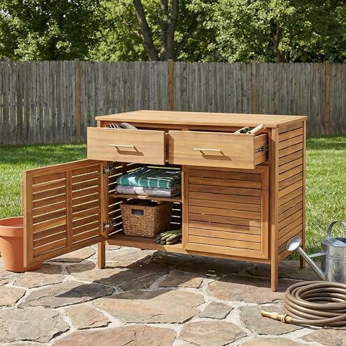 Merax Outdoor Patio Acacia Wood Cabinet, Natural Finish Storage Cabinet with 2 Drawers & Double-Door Shelf for Garden, Poolside, Patio