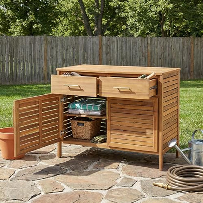 Merax Outdoor Patio Acacia Wood Cabinet, Natural Finish Storage Cabinet with 2 Drawers & Double-Door Shelf for Garden, Poolside, Patio