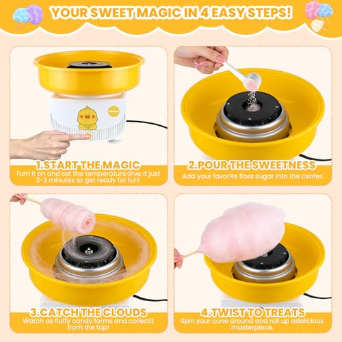 Cotton Candy Machine for Kids & Family, Mini Yellow Duck Electric Cotton Candy Maker with 11 Sticks & Sugar Scoop, Cute Cartoon Design for Birthday Christmas Party Gifts
