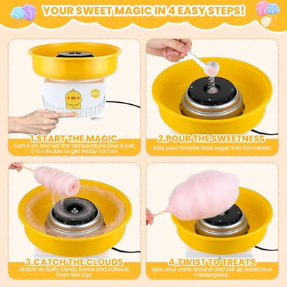 Cotton Candy Machine for Kids & Family, Mini Yellow Duck Electric Cotton Candy Maker with 11 Sticks & Sugar Scoop, Cute Cartoon Design for Birthday Christmas Party Gifts