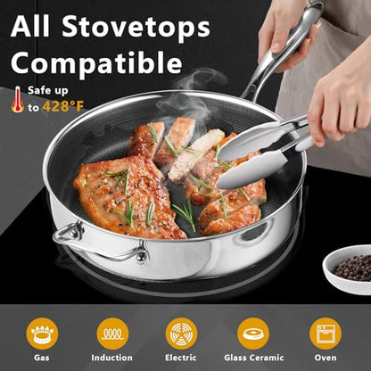 SAKAMOSH 12 Inch Frying Pan Nonstick with Lid, 5.6QT Hybrid Ceramic Deep Saute Pan & Skillet, Tri-Ply Stainless Steel for Even Heat, PFOA/PFOS Free, Induction & Oven Safe