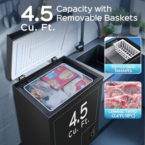 Anypro Chest Freezer 4.5 Cu.Ft, FreeStanding Top Door Compact Small Deep Mini Freezer with Removable Basket, 7 Adjustable Temperatures for Garage Dorm Apartment RV Kitchen Business, Black