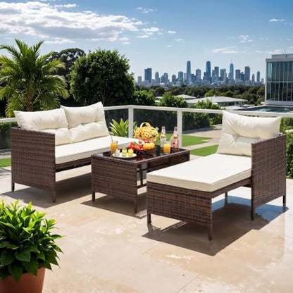 OMNIBERG 5 Piece Outdoor Sectional Patio Furniture Sets, All Weather Outdoor Wicker Rattan Patio Conversation Set, Patio Seating Sofas with Cushions, Lumbar Pillows and Tempered Glass Table