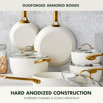 GreenPan Hard Anodized Healthy Ceramic Nonstick 10 Piece Cookware Pots and Pans Set, Gold-Tone Stainless Steel Handles, PFAS & PFOA-Free, Dishwasher Safe, Oven & Broiler Safe, Cream White