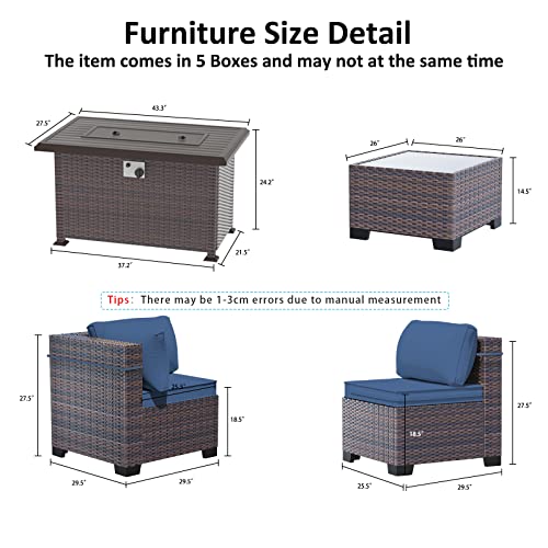 ASJMR Outdoor Patio Furniture Set with Gas Fire Pit Table, 8 Pieces Outdoor Furniture Set Patio Sectional Sofa w/43in Propane Fire Pit, PE Wicker Rattan Patio Conversation Sets (Dark Blue)