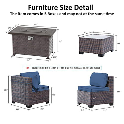 ASJMR Outdoor Patio Furniture Set with Gas Fire Pit Table, 8 Pieces Outdoor Furniture Set Patio Sectional Sofa w/43in Propane Fire Pit, PE Wicker Rattan Patio Conversation Sets (Dark Blue)