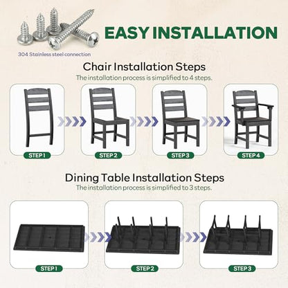 HOPUBUY 7 Pieces Patio Dining Set for 6, 71" HDPE All-Weather Patio Table and Chairs Set with Umbrella Hole, Durable Outdoor Furniture Set for Garden, Backyard, Lawn & Poolside (Black)