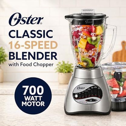 Oster Classic Series 16-Speed Blender with Food Chopper & 6-Cup Glass Jar, Countertop Kitchen Blender, Brushed Nickel