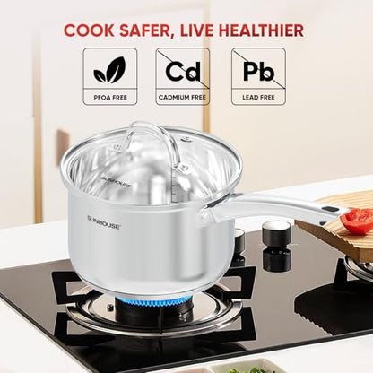 Sunhouse 2 QT Stainless Steel Sauce Pan with Lid, Small Pot for Cooking, PFOA-Free, Advanced Impact Bonding Induction Base Mini Saucepan, Compatible with Induction, Ceramic, Gas