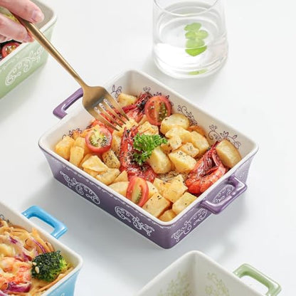 Domini Casserole Dishes for Oven, Ceramic Baking Dishes for Oven Set of 2, Lasagna Pan Deep, Baking Pan Set Square Casserole Dish Set with Handles for Baking, Pattern Purple(11.4+8.5inch)