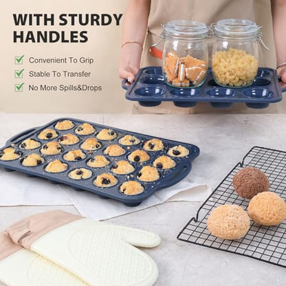 Vnray 2 Pack Silicone Muffin Pan 12 and 24 Cup with Metal Frame,Non Stick Silicone Mini Cupcake Pan with Handles, BPA Free Silicon Regular Muffin Tin Tray Small for baking, egg bites, Mold Grey
