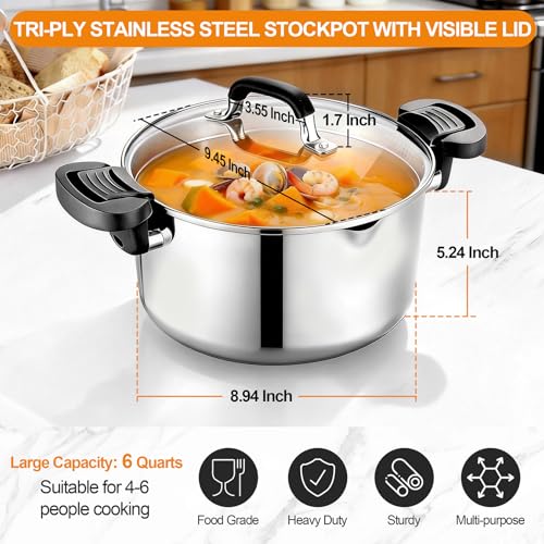 P&P CHEF Pasta Pot with Strainer Lid, 6 Quart Stainless Steel Stock Pot For Kitchen Cooking Boiling, Visible Glass lid & Heat-Proof Lockable Handles, Dishwasher Safe