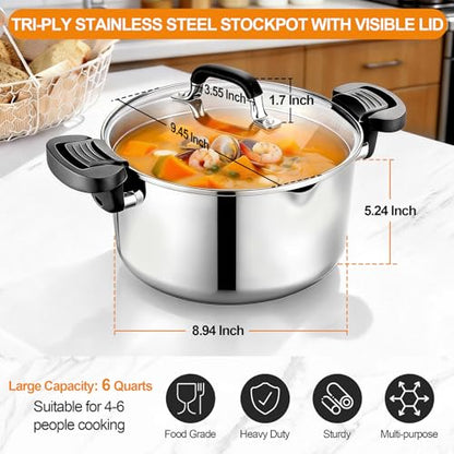 P&P CHEF Pasta Pot with Strainer Lid, 6 Quart Stainless Steel Stock Pot For Kitchen Cooking Boiling, Visible Glass lid & Heat-Proof Lockable Handles, Dishwasher Safe