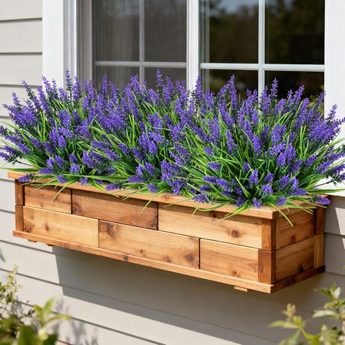 AmberFun 16 Bundles Artificial Plants Outdoor, UV Resistant Fake Lavender & Monkey Grass, Realistic Plastic Faux Plants for Balcony, Patio, Porch Greenery Decor, Planter Filler(Purple)
