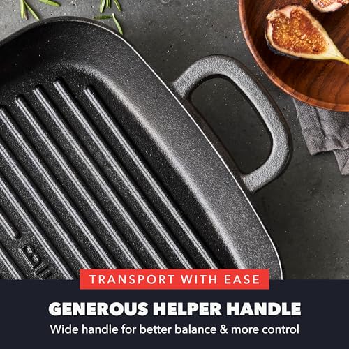 GreenPan x Bobby Flay Cast Iron 11” Square Grill Pan, Pre-Seasoned Professional Grade Heavy Duty Skillet, Helper Handles, Induction Suitable, Stovetop, Oven, BBQ & Fire, Indoor & Outdoor Use, Black