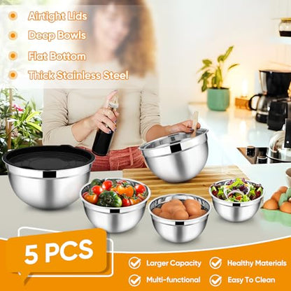 TeamFar Mixing Bowl Set of 5, 4.5/3/1.5/1/0.7 QT, Stainless Steel Metal Nesting Salad Bowl with Lid Set, Ideal for Mixing Serving, Non-Toxic & Sturdy, Airtight Lid & Easy Clean, Black
