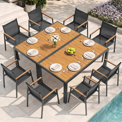 Oasbira Outdoor Dining Set for 8, Aluminum Patio Table and Chairs Set, 10-Piece All Weather Patio Dining Furniture Set with Umbrella Hole for Backyard, Deck, Poolside (Gray-Teak)