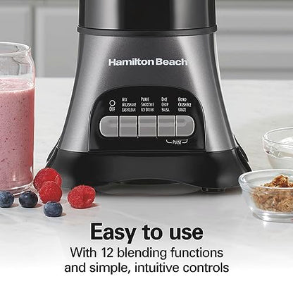 Hamilton Beach Blender and Food Processor Combo for Shakes & Smoothies, With 3 Cup Electric Food Chopper Attachment, 40 oz Glass Jar, Blender Travel Cup, 700 Watts Peak Power, Gray & Black (58163)
