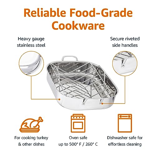 Amazon Basics Stainless Steel Rectangular Roasting Pan with Rack, Turkey Roaster, Dishwasher Safe, Easy to Clean, Oven Safe, 16 in