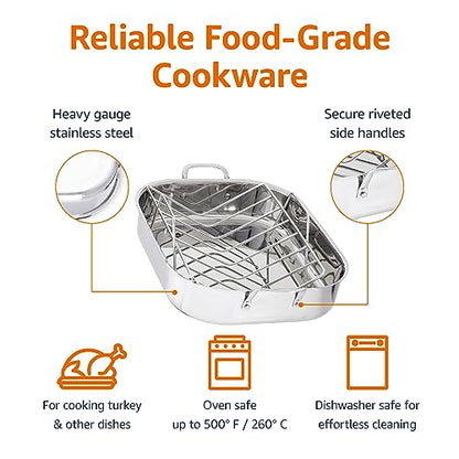 Amazon Basics Stainless Steel Rectangular Roasting Pan with Rack, Turkey Roaster, Dishwasher Safe, Easy to Clean, Oven Safe, 16 in