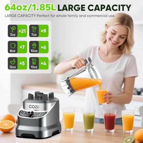 COZII Professional Blenders for Kitchen, 2000W Smoothies Countertop Blender for Ice Crushing/Frozen Drink/Nut Milk, Smoothie Blender with 64oz Pitcher & 21oz To-go Cup, Dishwasher Safe, Dark Grey
