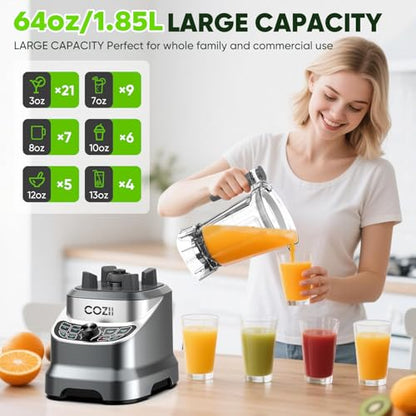 COZII Professional Blenders for Kitchen, 2000W Smoothies Countertop Blender for Ice Crushing/Frozen Drink/Nut Milk, Smoothie Blender with 64oz Pitcher & 21oz To-go Cup, Dishwasher Safe, Dark Grey