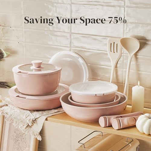 Redchef 16pcs Ceramic Pots and Pans Set Non Stick, Nonstick Kitchen Cookware Set with Detachable Handle, Non Toxic, PFAS PFOA & PTFE Free, RV Cookware Set for Camping, Dishwasher/Oven Safe (Pink)