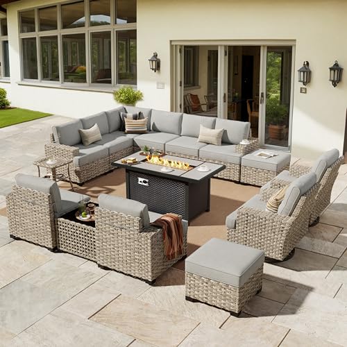 HOOOWOOO Outdoor Sectional Patio Furniture Set with Fire Pit Table,15 Pieces Wicker Conversation Sets L Shaped Couch,Extra Deep Out Door Sofa Outside Furniture with Swivel Chairs Ottoman,Charcoal Gray